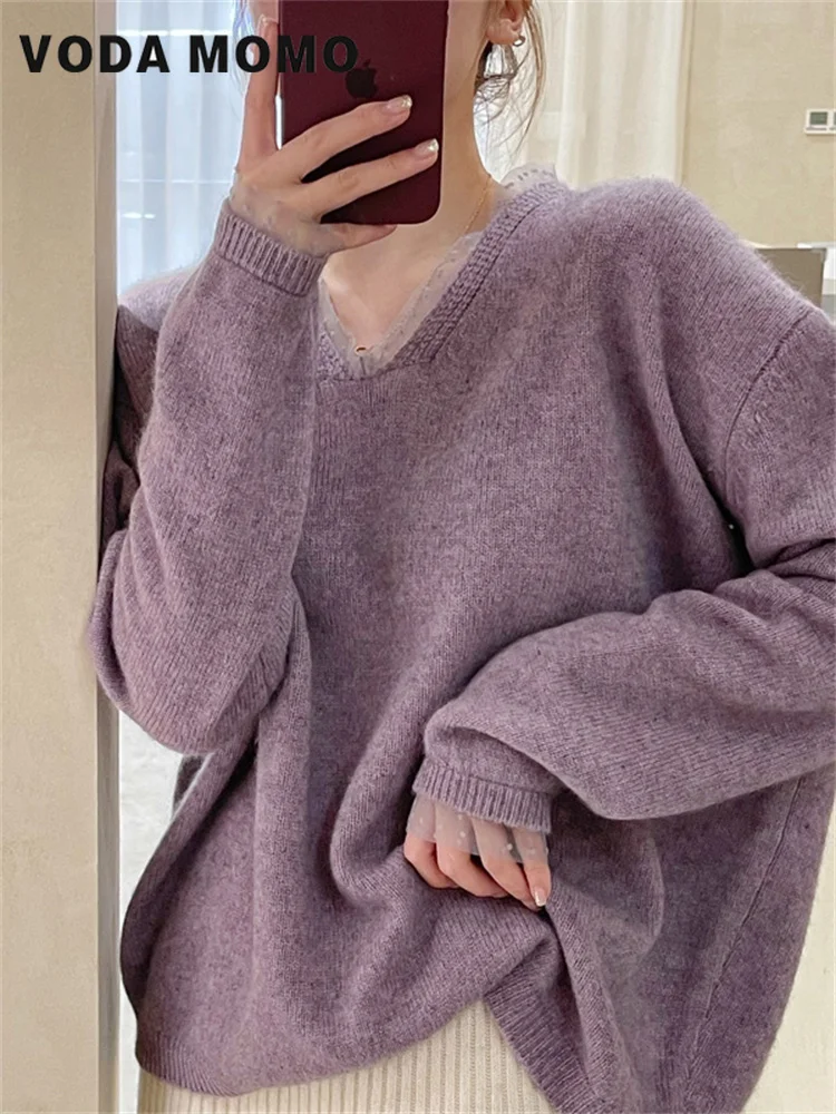 

V-Neck Long Knitted Pullovers Leisure Fashion Basic Daily Sweaters Coats Autumn Winter Pull Femme Versatile Loose Sweater Women