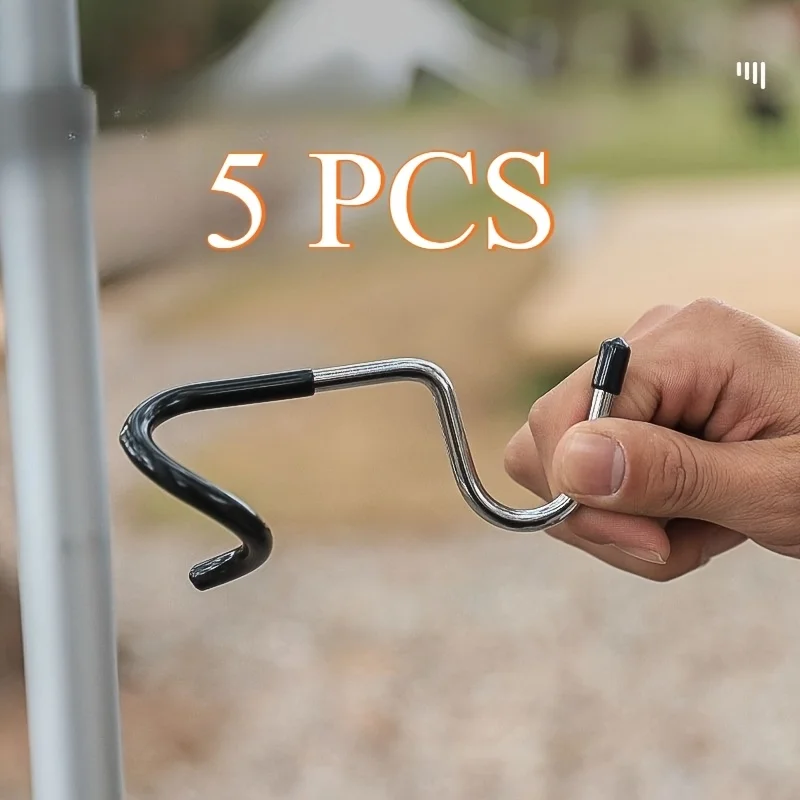 5pcs No-Drill Tail Hooks, Camping Balcony Outdoor Stainless Steel Non-Slip Light Pole Tent Pole Storage Hanger Light Hooks