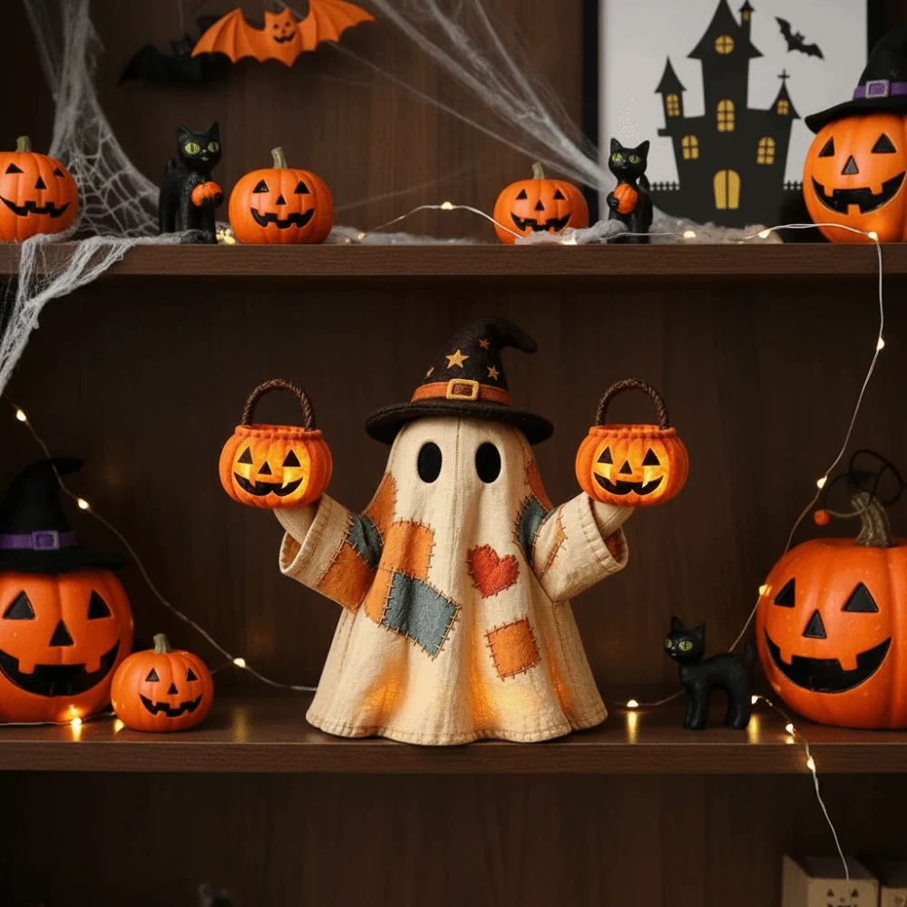 Resin Made Patchwork Ghost Light Lightweight Button Cell Battery Operated Ghost Pumpkin Lantern Compact Size Exquisite Detail