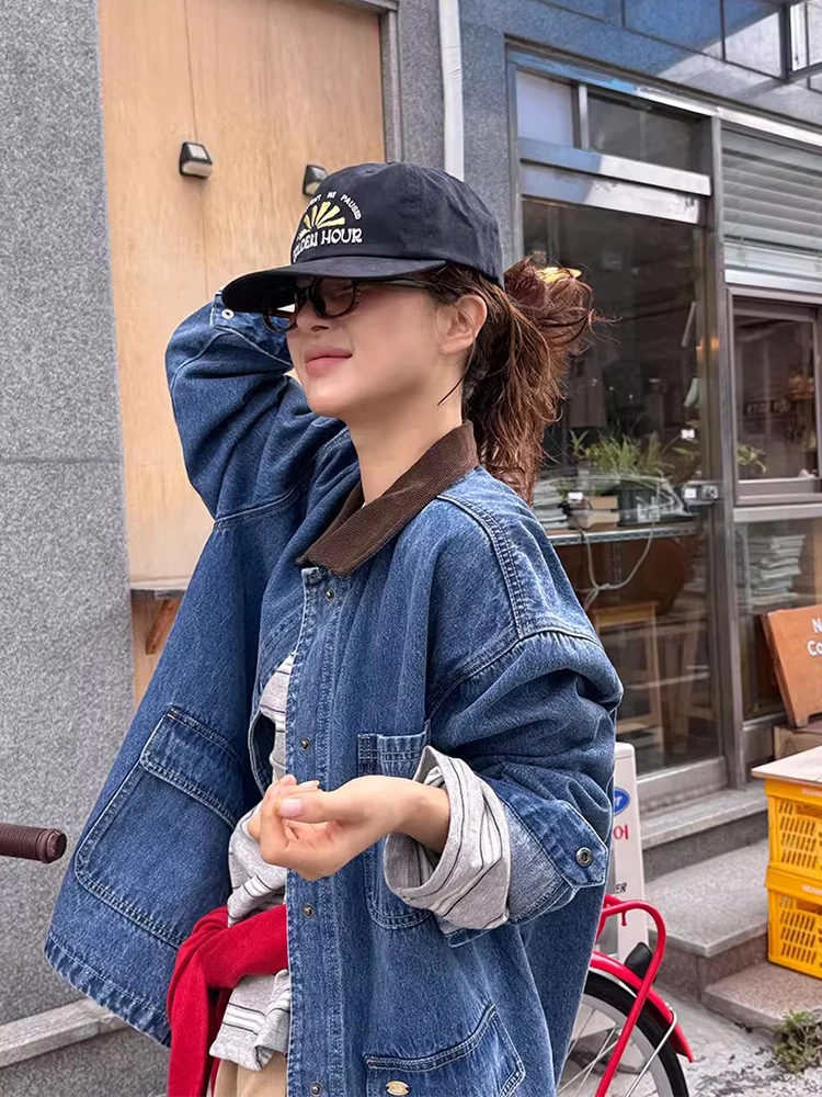 Retro Hong Kong Style Loose Long Sleeve Corduroy Contrast Color Collar Pocket Denim Jacket for Women Chic Autumn New Arrival
