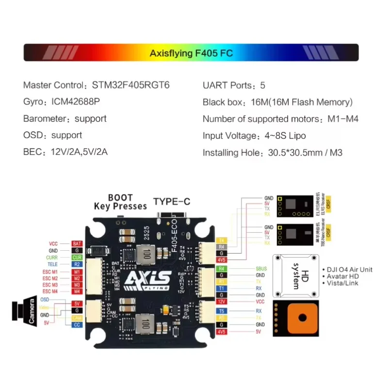 TopEssAxisflying ECO F405 FC 4-8S Flight Controller 30.5*30.5mm For FPV Freestyle Drone Model