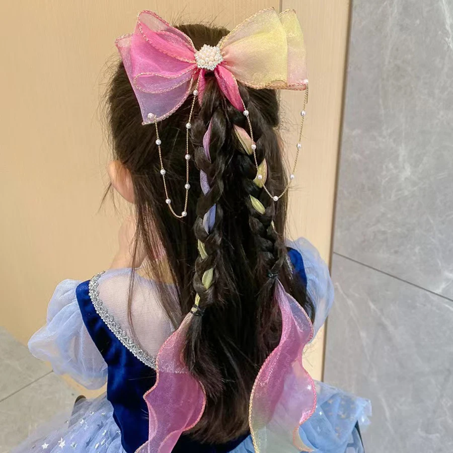 Children\'s Hair Accessories Pearl Tassels Bows Ribbons Braided Hairpins Headdresses Girls Princess Hair Clips Hair Accessories