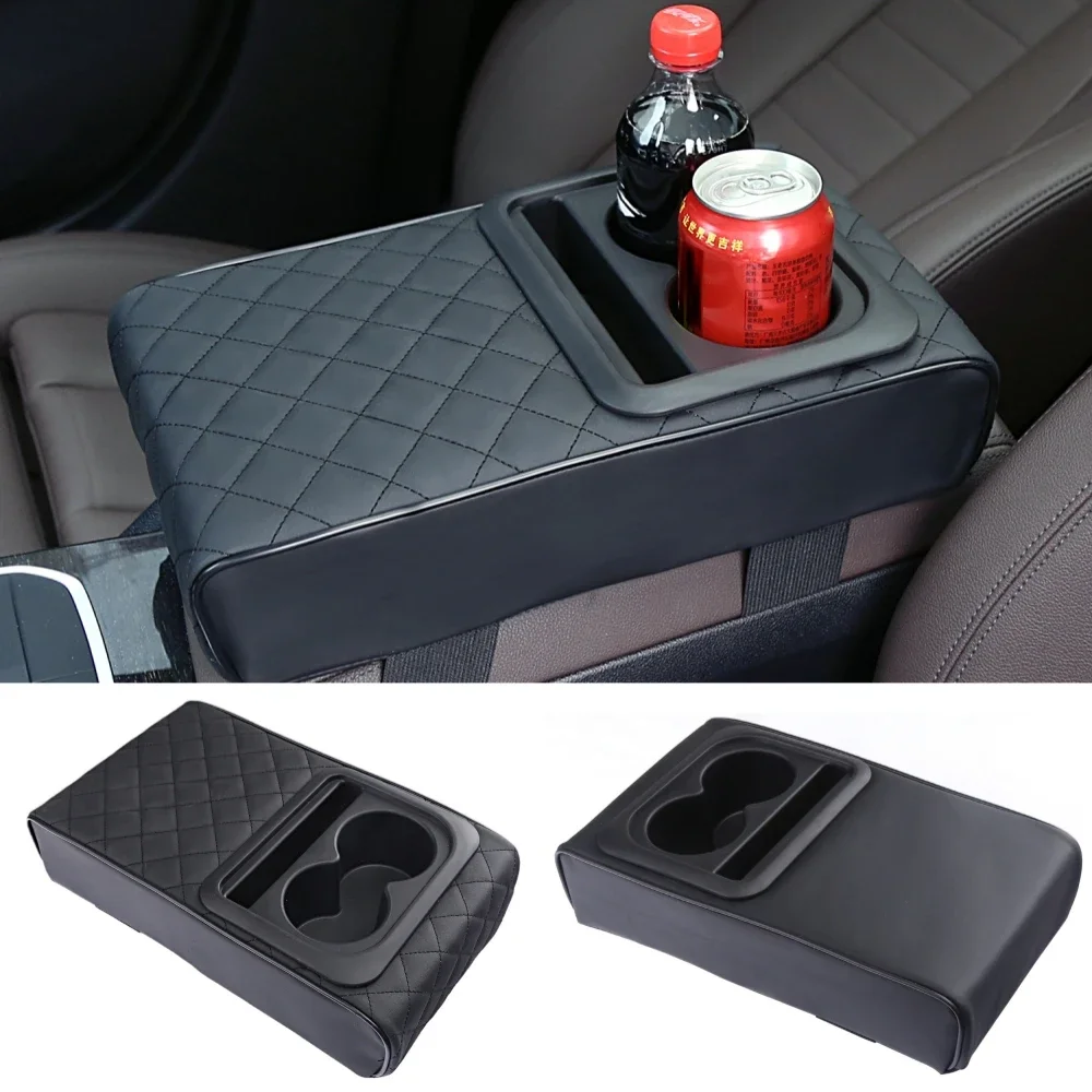 

Auto Center Console Armrest Cushion with 2 Cup Holder PU Leather Armrest Pad Portable Car Amrest Pillow Cover Height Pad