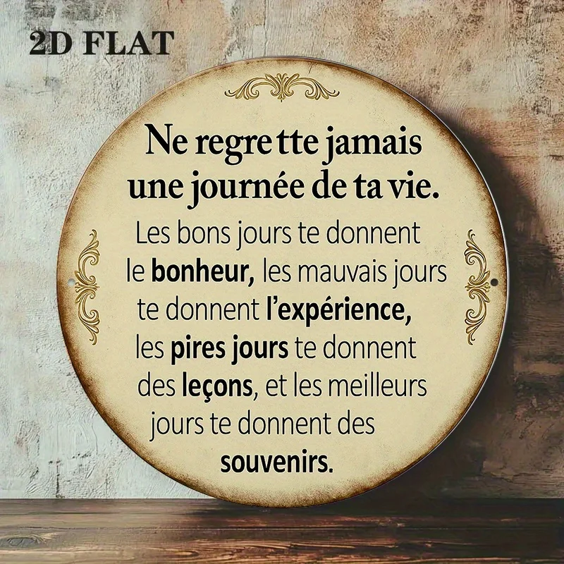 Two-Dimensional Flat Circular French Aluminum Sign, Featuring a Vintage Plaque about 