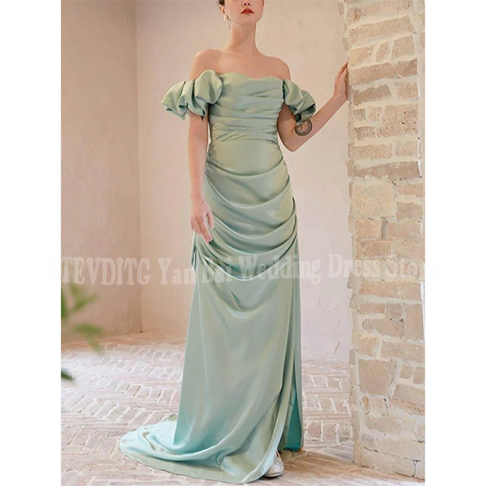 

Green Satin Prom Dresses Slim Fit Off The Shoulder Pleat Floor Length Mermaid Dress Floor Length Cocktail Party Gown Customized