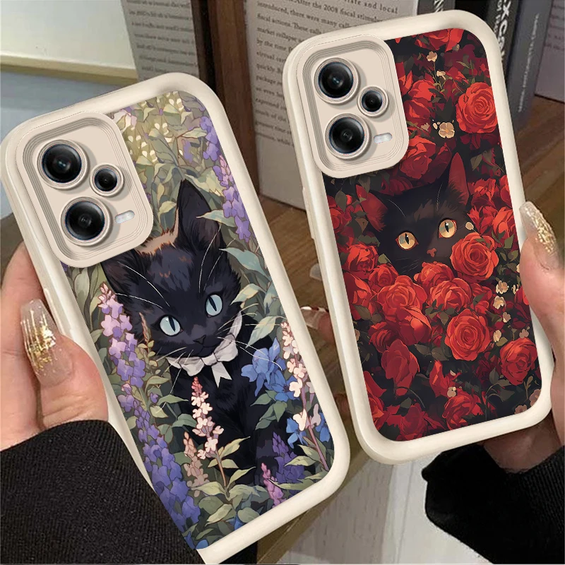 Rose Flower Mystery Black Cat Case for Xiaomi Redmi Note 13 12 11 Pro Plus 4G 5G 12S 11S 10S 10 9 9S Redmi 14C 13C 12C A3 12