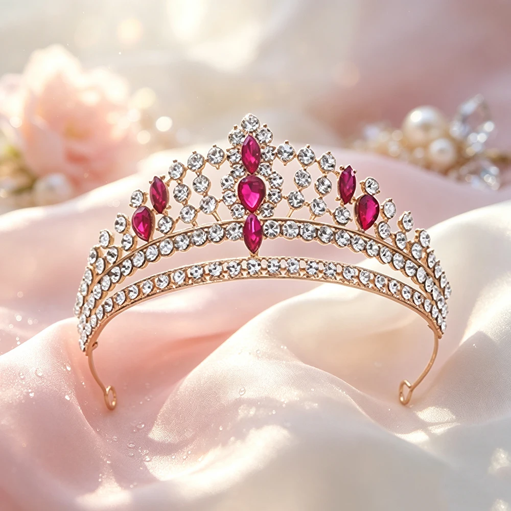 Palace Style Luxury Water Droplet Colored Crystal Tiara Alloy Diamond Studded Bride's Tiara Birthday Party Princess Headwear