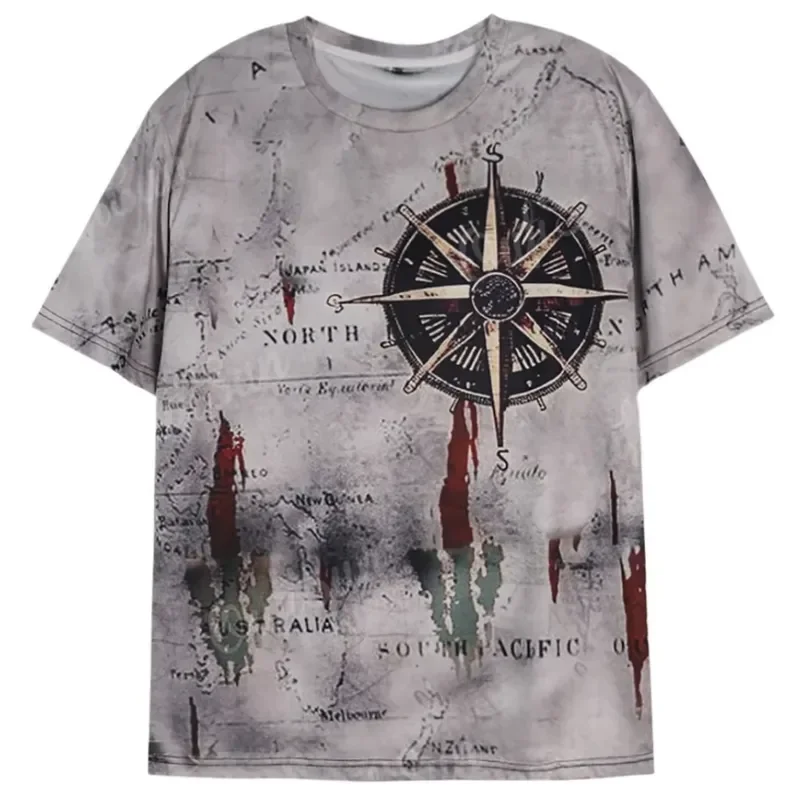 Nautical Map Compass Print T Shirt Men Vintage Loose Short Sleeve Casual Streetwear Unisex Daily Wear Top Fashion Gift Idea