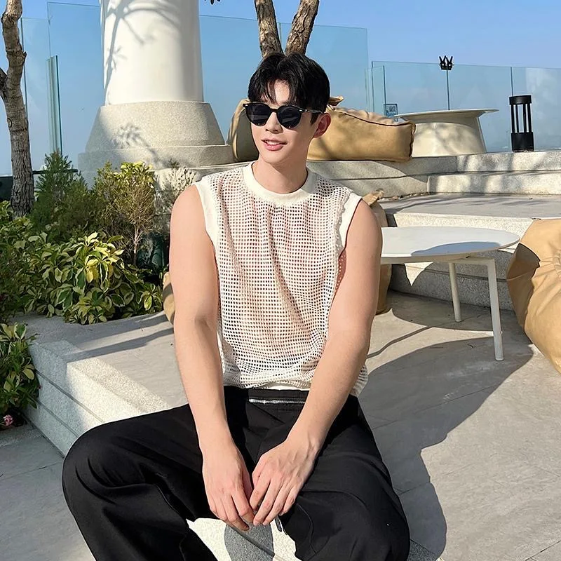 Male Summer Knit Hollow Out Shirts Tops Men Sport Trendy Fashion Tees T Shirts Camis Travel Holiday Festival Vacation Boho Vests