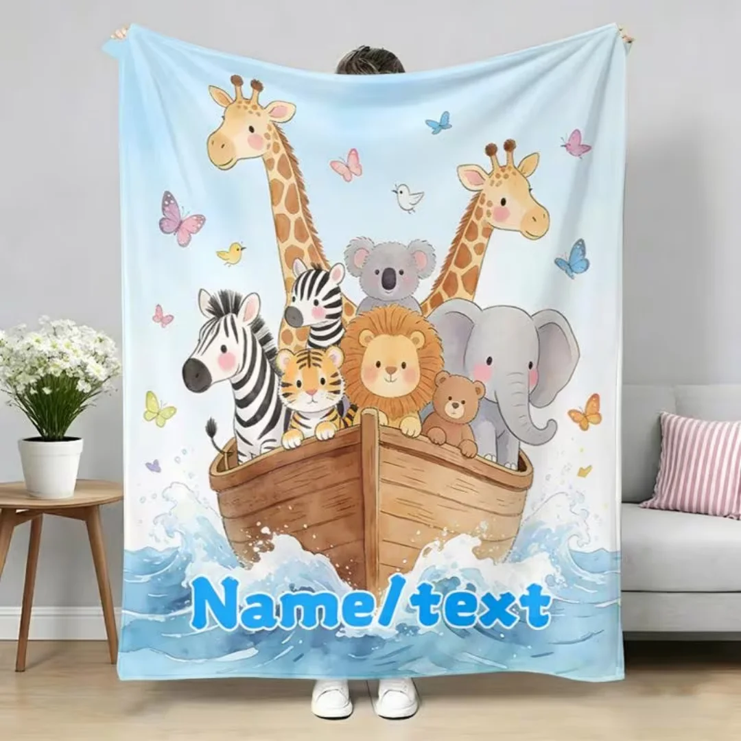Personalized Custom Name Text Animal Nautical Theme Flannel Blanket, Giraffe Elephant Zebra Teddy Bear Digital Print Throw Blank