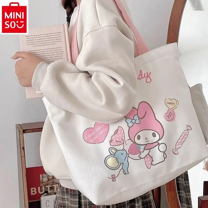 

MINISO Sanrio Versatile Canvas Cute Kuromi Hello Kitty Handbag Large Capacity Student Zipper One Shoulder Commuter Bag