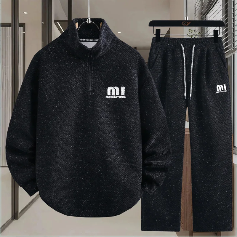 Chándal para hombre, chaqueta con cuello levantado y media cremallera, conjunto de ropa de calle de gran tamaño para primavera y otoño, ajuste cómodo, novedad de 2025