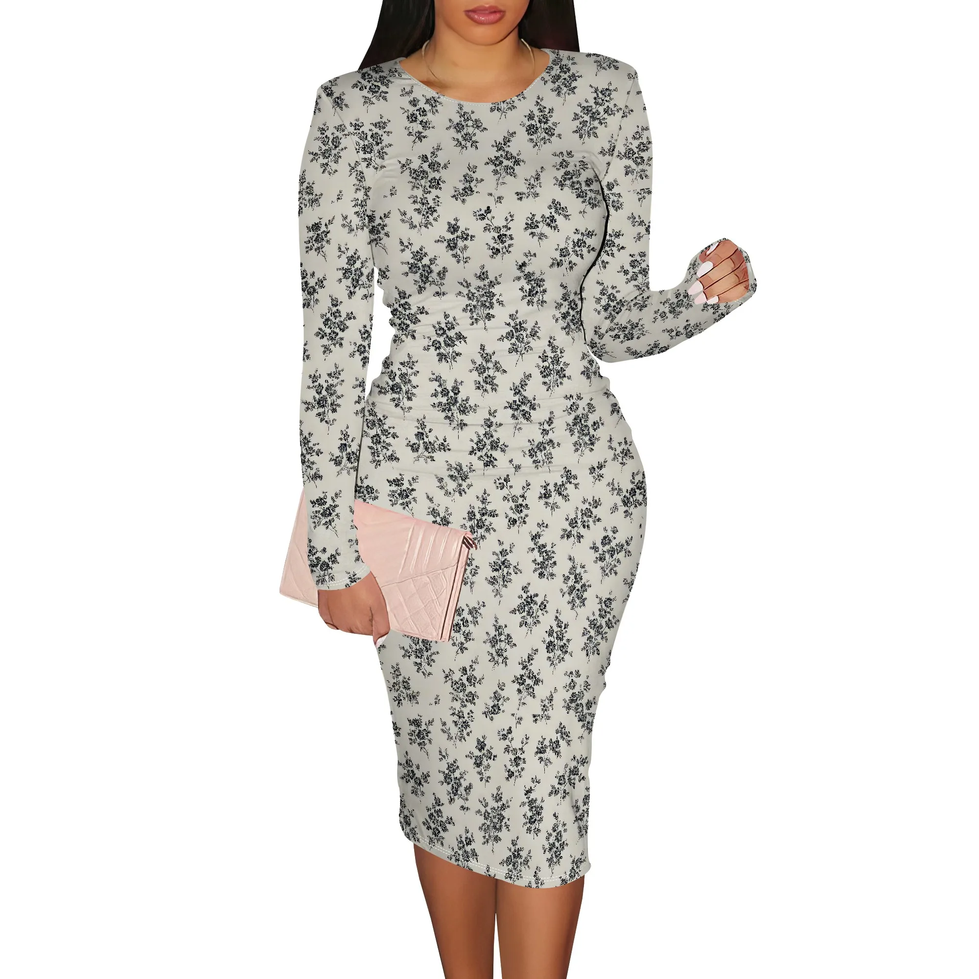 

Women's Long Sleeve Midi Dress Sexy Bodycon Pencil Dress Crew Neck Cocktail Dresses