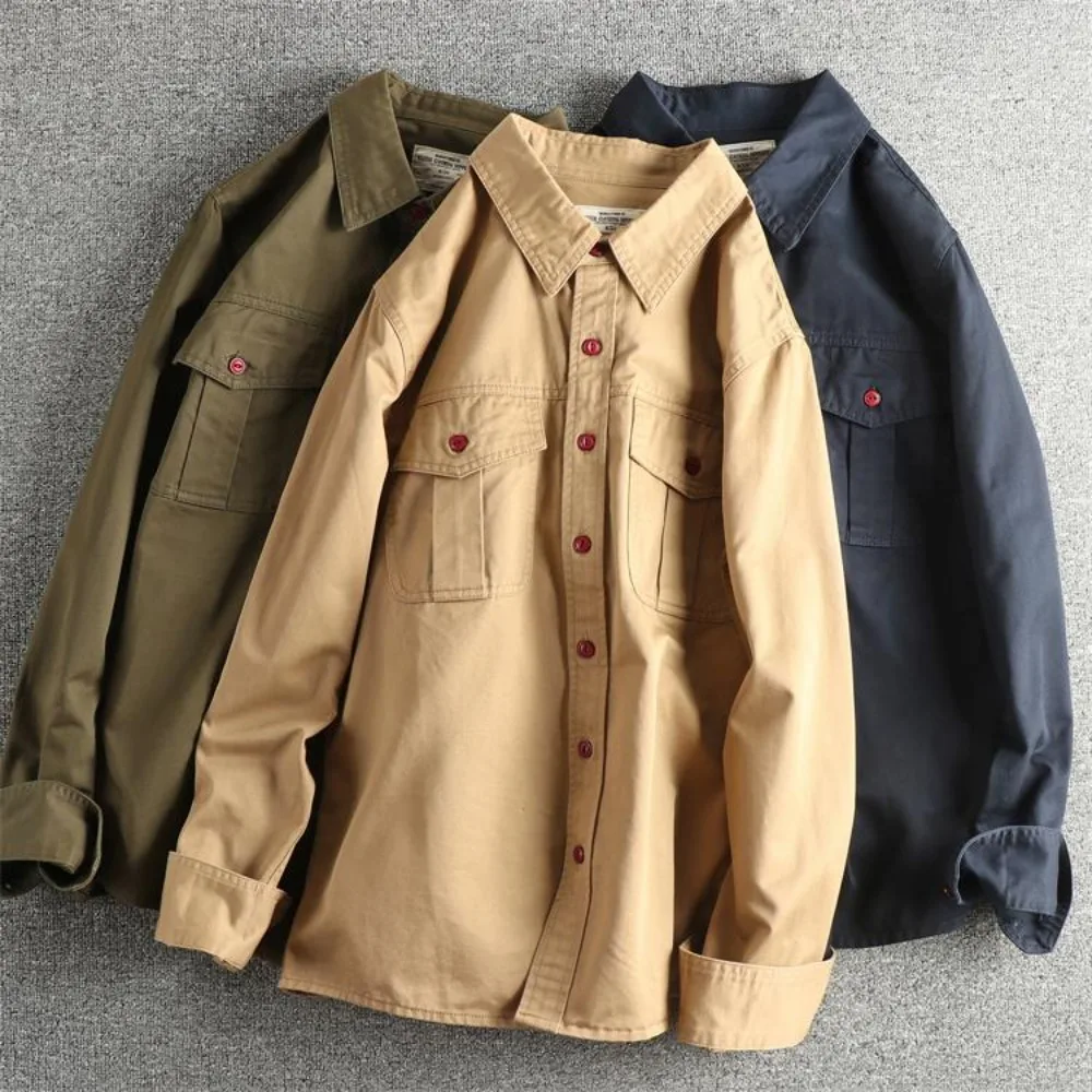 سترة قميص رجالية عصرية للربيع والخريف متعددة الاستخدامات مصنوعة من القماش المنسوج، قميص Amei Kaki القديم بأكمام طويلة