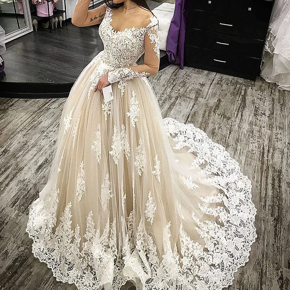 

Wedding Dress scoop Appliques Tulle Sweep Train long sleeves A-Line Empire Button Zipper Back Wedding Party Gowns Bridal Gowns