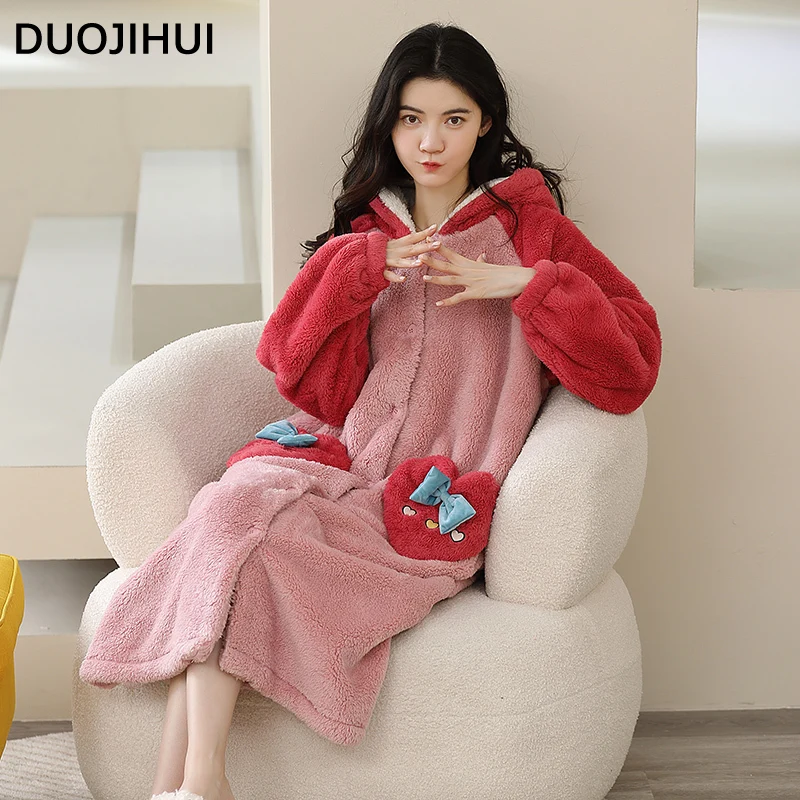 DUOJIHUI Sweet Winter Hooded Button Cardigan Robes for Women Fashion Pocket Basic Simple Loose Casual Flannel Soft Female Robes