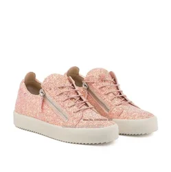 Cheryl Peach Pink Glitter Low Top Trainers Side Zipper Lace Up Board Shoes Women Daily Casual Shoes Zapatillas Chaussure