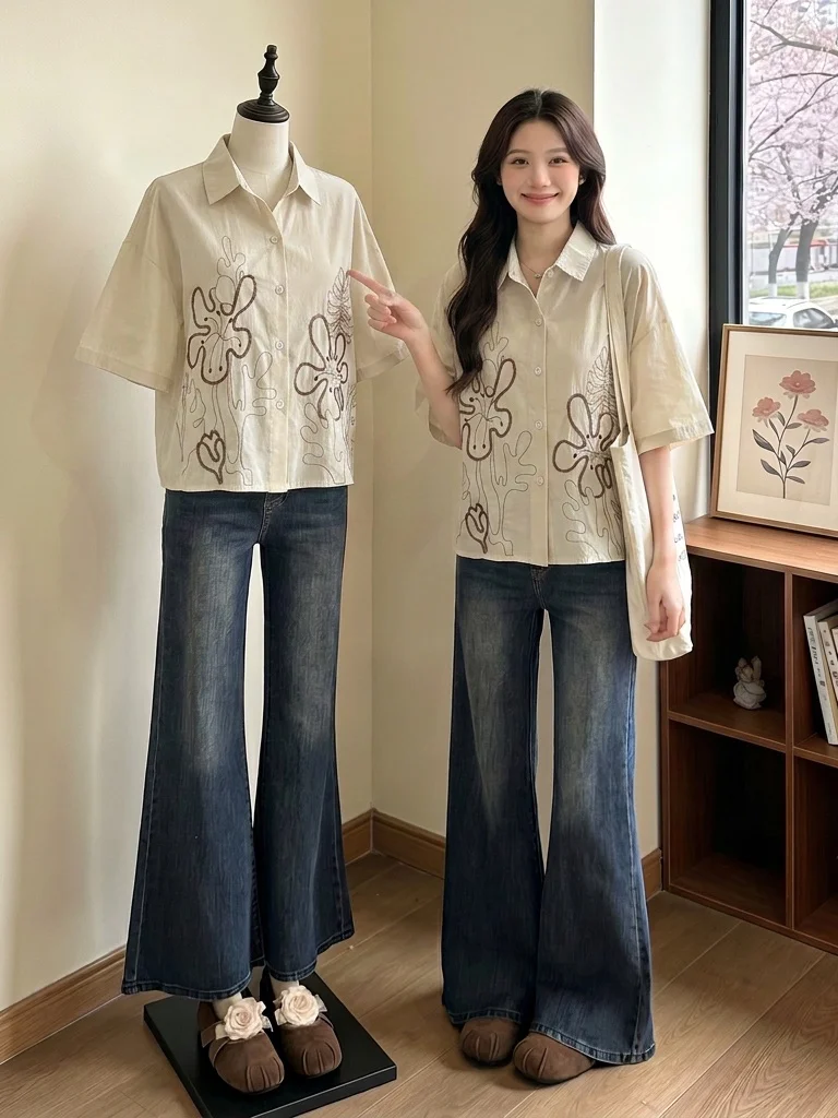 Black Embroidered Short Sleeve Shirt Women's Design Sense Shoulder Length Commute Style plus Size Slimming Korean Version