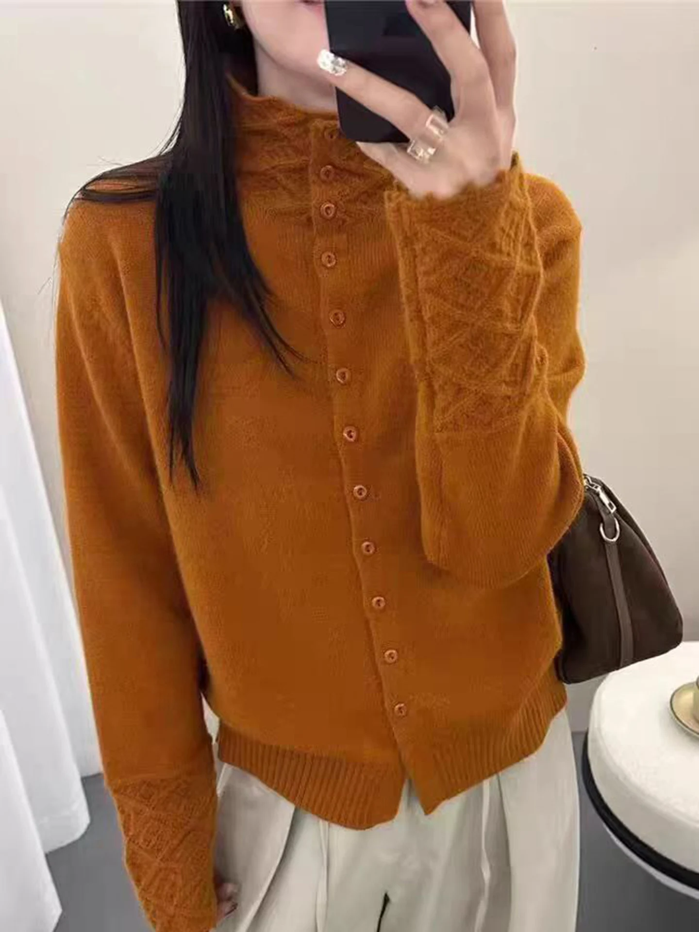 Suéter de malha vermelho retrô com gola vazada, botão único, moda versátil, agasalhos para mulheres