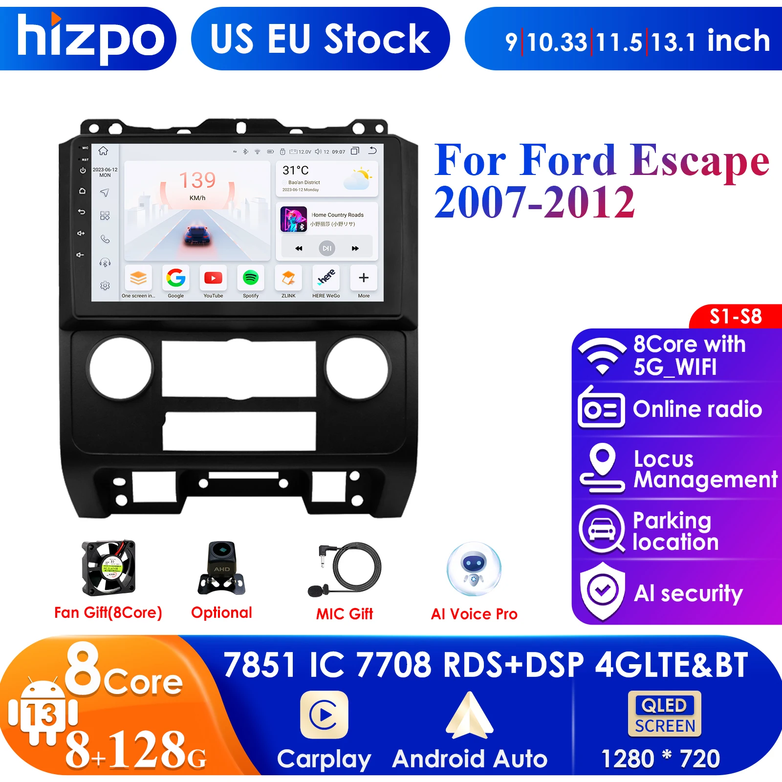 Hizpo 7862 8-Core Carplay 4G-LTE 9 inch Car Intelligent Systems Android Car Radio for Ford Escape 2007-2012 GPS Stereo Autoradio