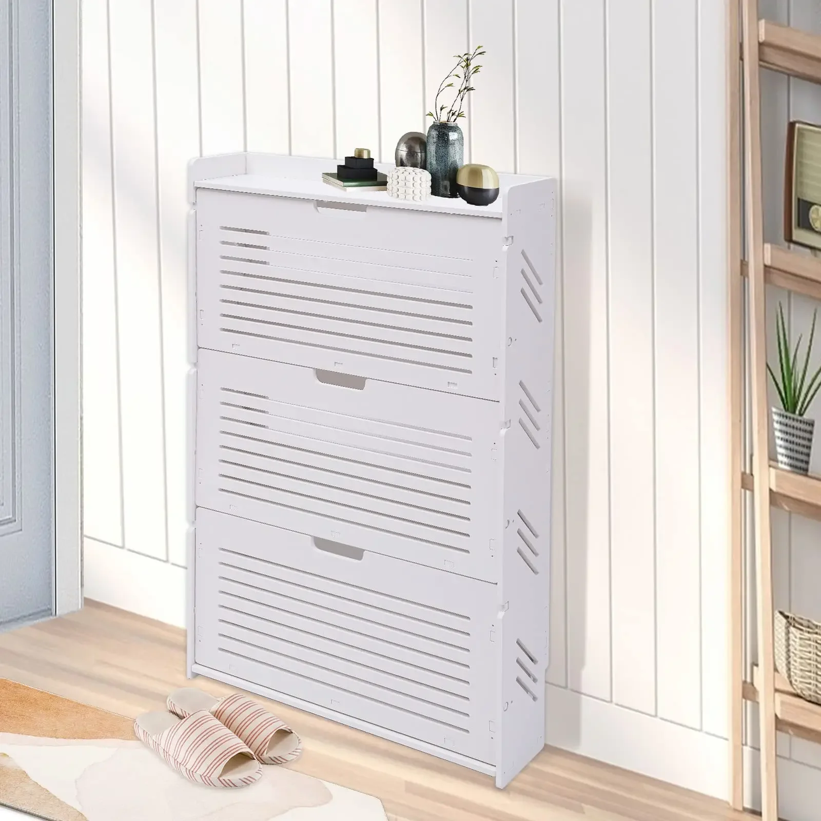 3-Layer White Tipping Shoe Cabinet Shoe Rack Cabinet for Entryway Ultra-Thin Shoe Rack Breathable With Concealed Handle Drawers