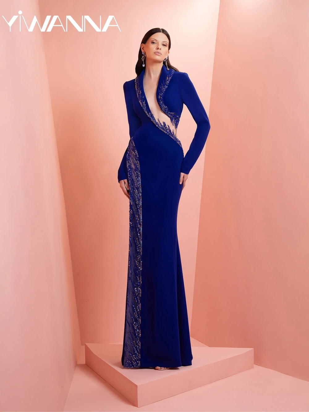 

Blue Beaded Satin Sheath Long Evening Dress Elegant Long Sleeved Mother Of The Bride Dresses For Wedding Customized Party Gown