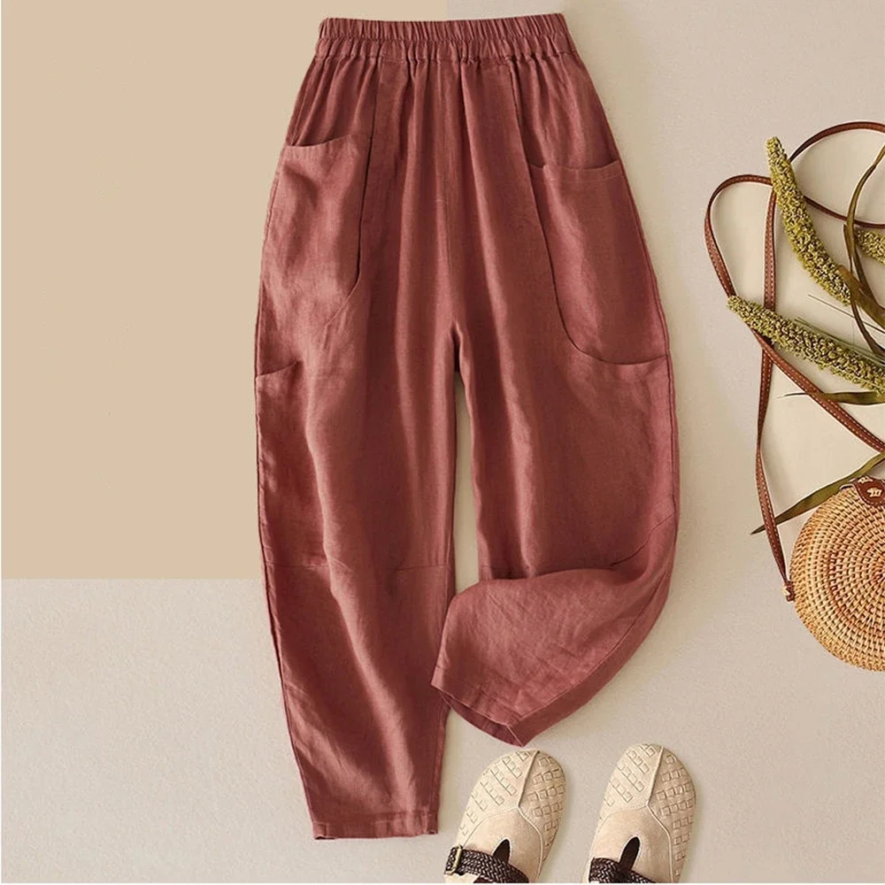 2025 Women Pants New Fashion Summer Thin Section of Casual Turnip Pants Versatile Elastic Waist Nine-minute Pants [cotton Linen]