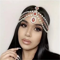 New Fashion Red Gemstone Droplet Pendant Hair Chain Luxury Shining Bride Rhinestone Hair Chain Wedding Party Jewelry Oh