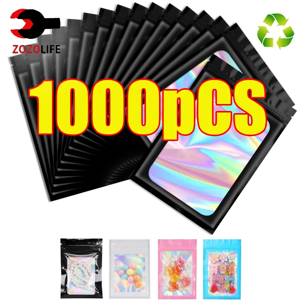 10-1000 pièces Sacs holographiques refermables noirs en plastique, sacs cadeaux irisés laser pour manucure, cils, bagues, bijoux, et stockage alimentaire