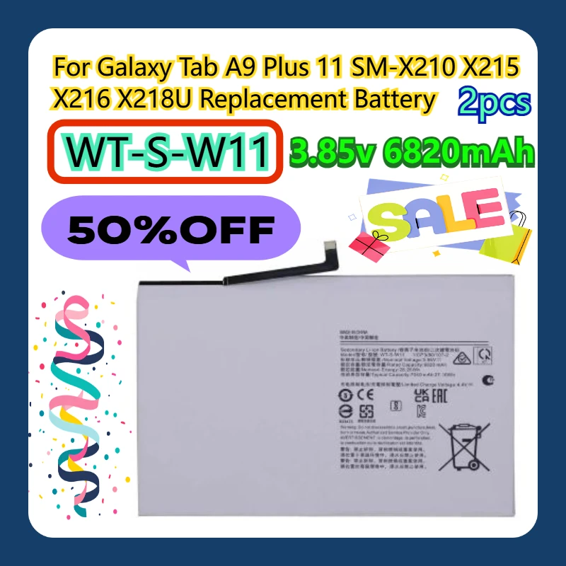

For Galaxy Tab A9 Plus 11 SM-X210 X215 X216 X218U WT-S-W11 3.85v 6820mAh Replacement Battery 2pcs