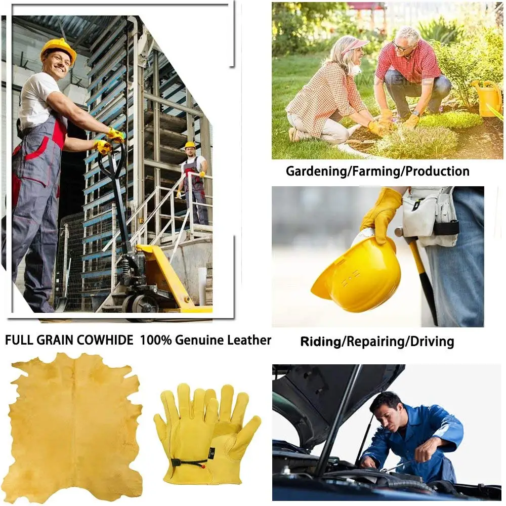 Guantes de trabajo de cuero de vaca para trabajadores, protección de seguridad para soldadura, jardín, deportes, conductor de motocicleta,