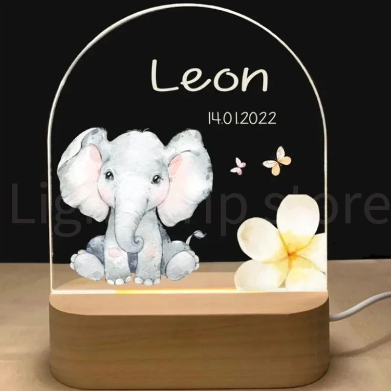 Personalisiertes Baby-Geburt-Nachtlicht, individueller Name, Tier, Elefant, Löwe, mit USB-Holzsockel, Lampe für Schlafzimmer, Tisch, Regenbogen-Dekor