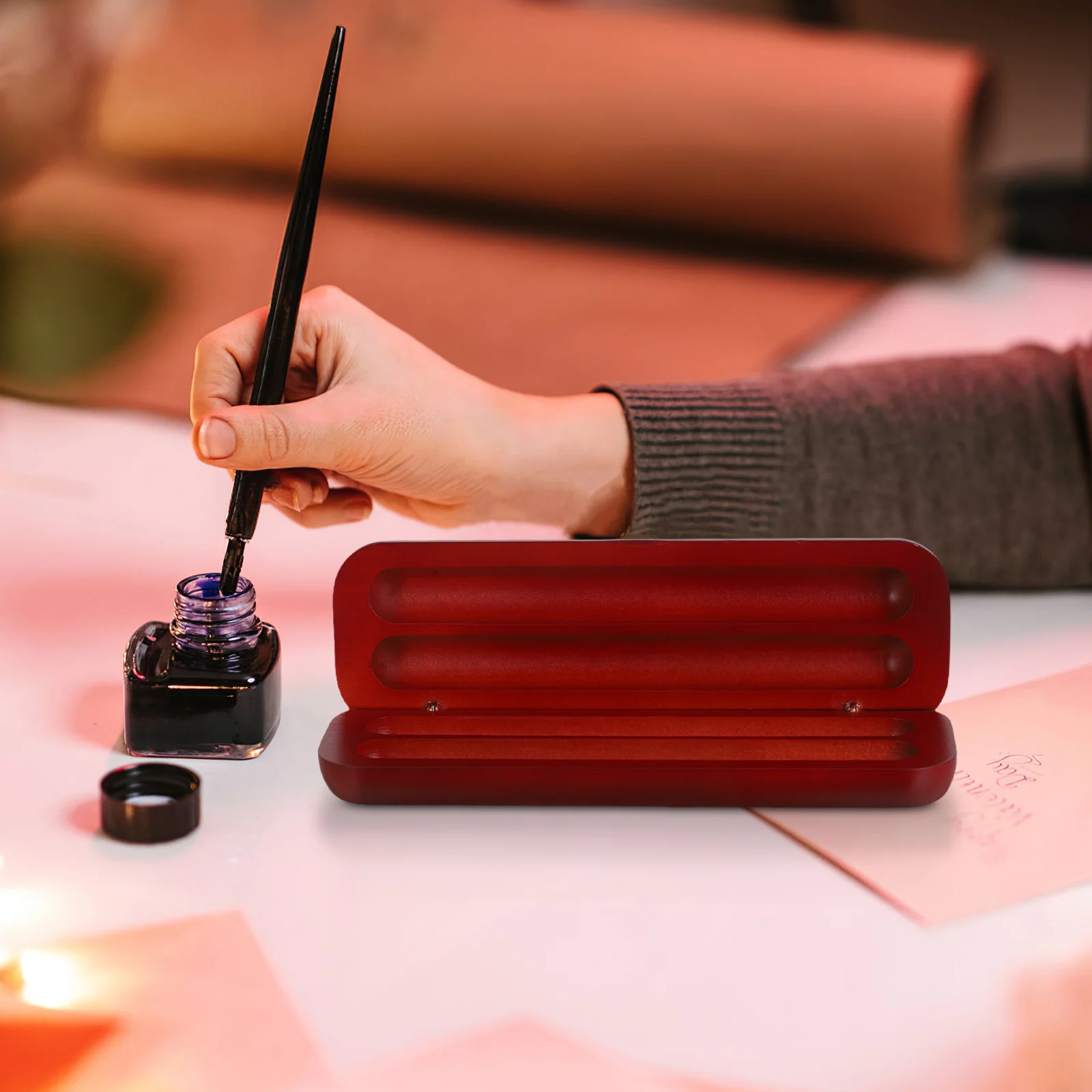 

Solid Wood Pen Box Dual Slot Luxury Red Finish Writing Instrument Display Storage Case for Home Office Collection