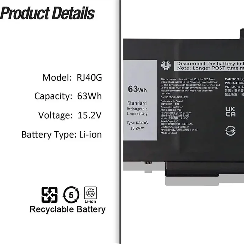 [NEW] RJ40G 15.2V 63Wh for Dell Latitude 5420 5520 Lithium Ion Laptop Battery