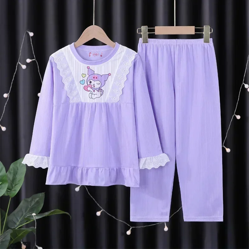 Sanrio Long Sleeve sleepwear Princess hello kitty Children kuromi Pajamas Girl Summer Cotton nightgown Set robes