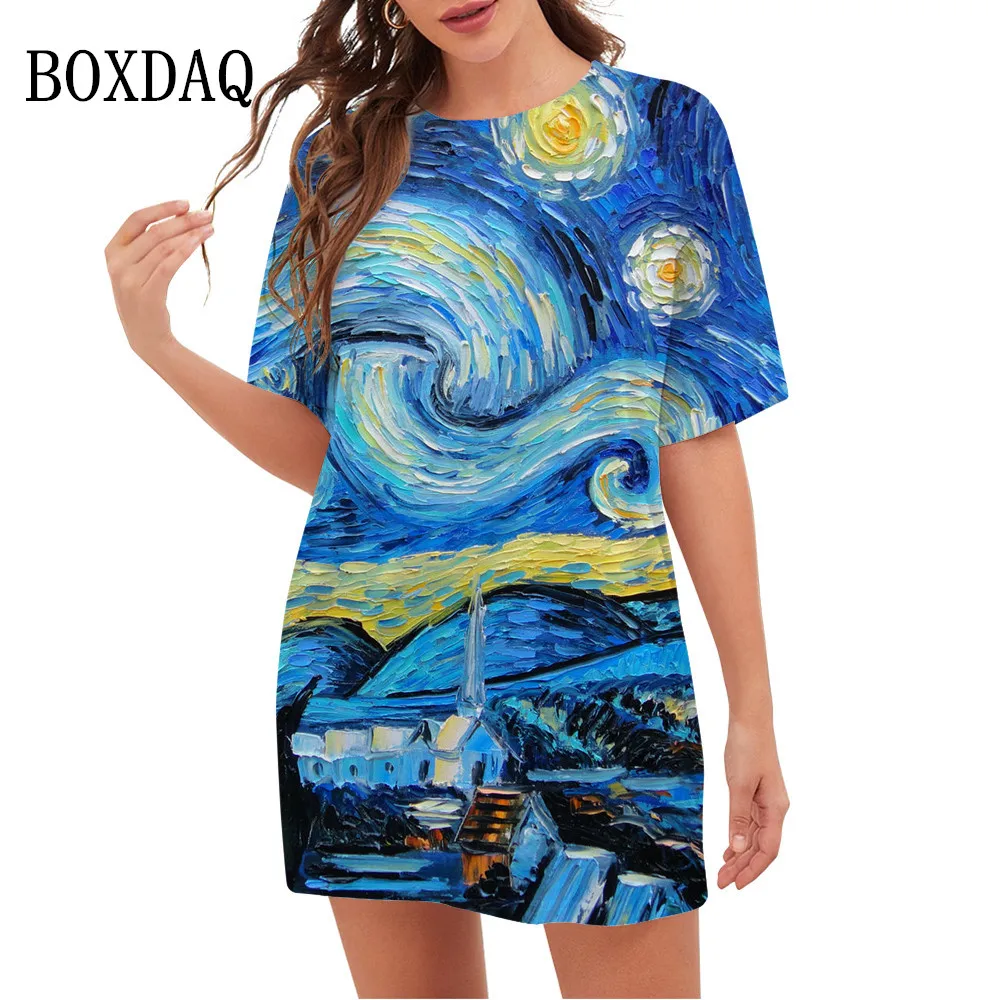 2023 Women Dress New Art Van Gogh The Starry Night 3D Printed Oversized Dress Short Sleeve O-Neck Loose Summer Vintage Clothing