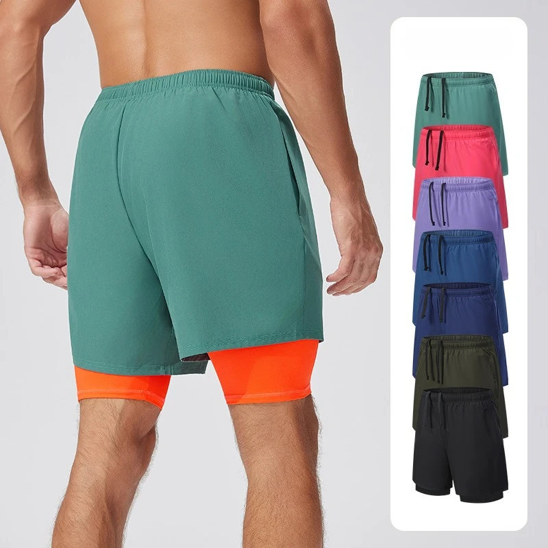 

Мужские дышащие спортивные шорты с двойным слоем, внутренние обтягивающие шорты с защитой от просвечивания, эластичные, для тренажерного зала, бега, тренировок на открытом воздухе