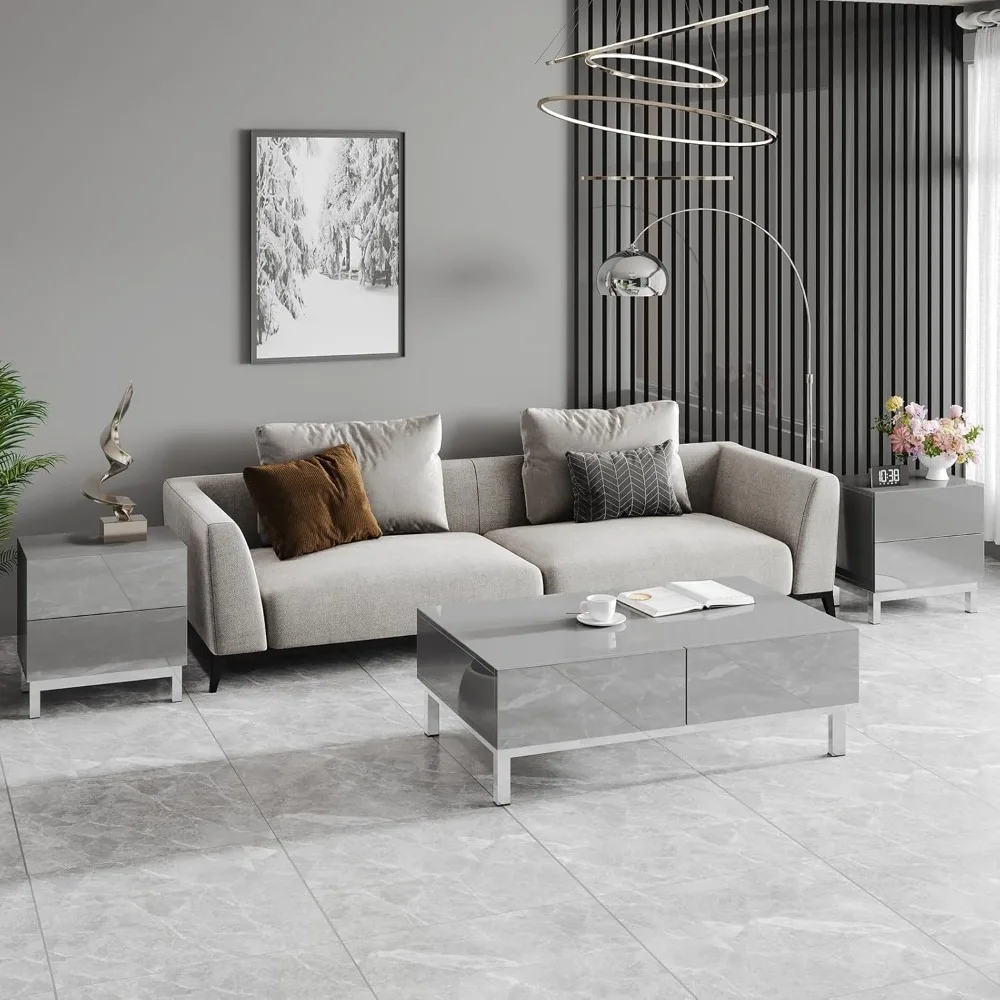 AMERLIFE مجموعة منضدة حديثة وبسيطة مكونة من 2، 24 طاولة جانبية للأريكة مطلية بالكهرباء عالية اللمعان مع درجين للتخزين المغناطيسي، Rec #5