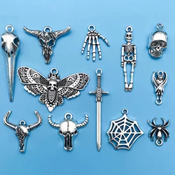 12Pcs/pack Silvery Plated Skull Head Creative Charms Cobweb Human Skeleton Skull Butterfly Pendant Bracelet Jewelry Making DIY