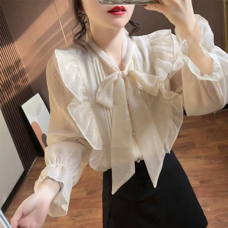 

Sweet Loose Long Sve Women's Chiffon irt Knot Hemline Versatile Spring Autumn Fashion Top TT984