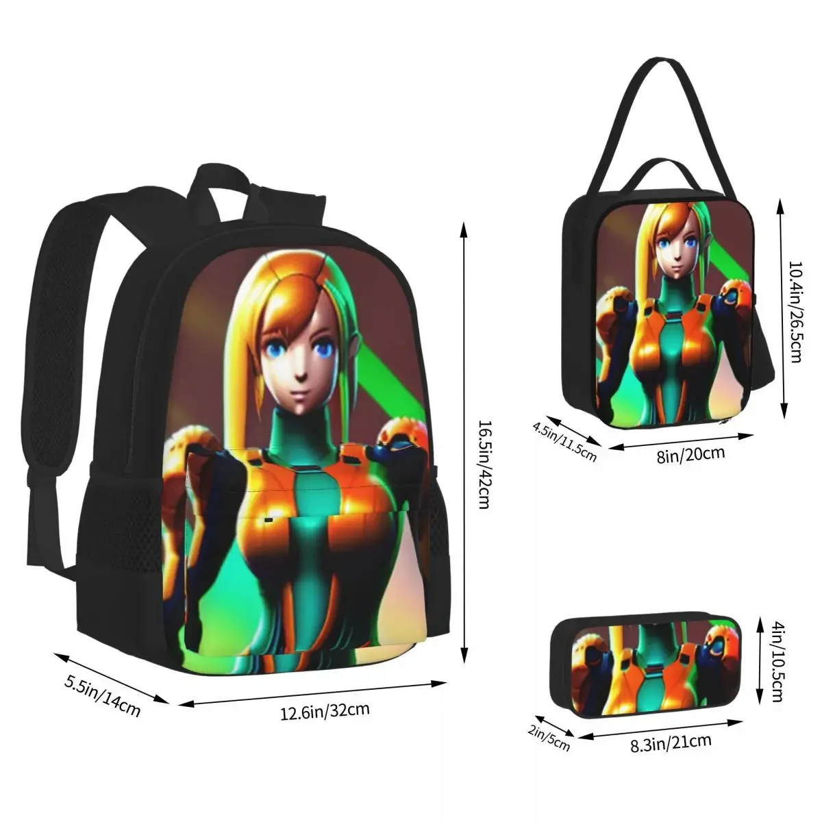 Metroid Samus Aran (2) Backpacks Boys Girls Bookbag Students School Bags Cartoon Kids Rucksack Lunch Bag Pen Bag Three-Piece Set