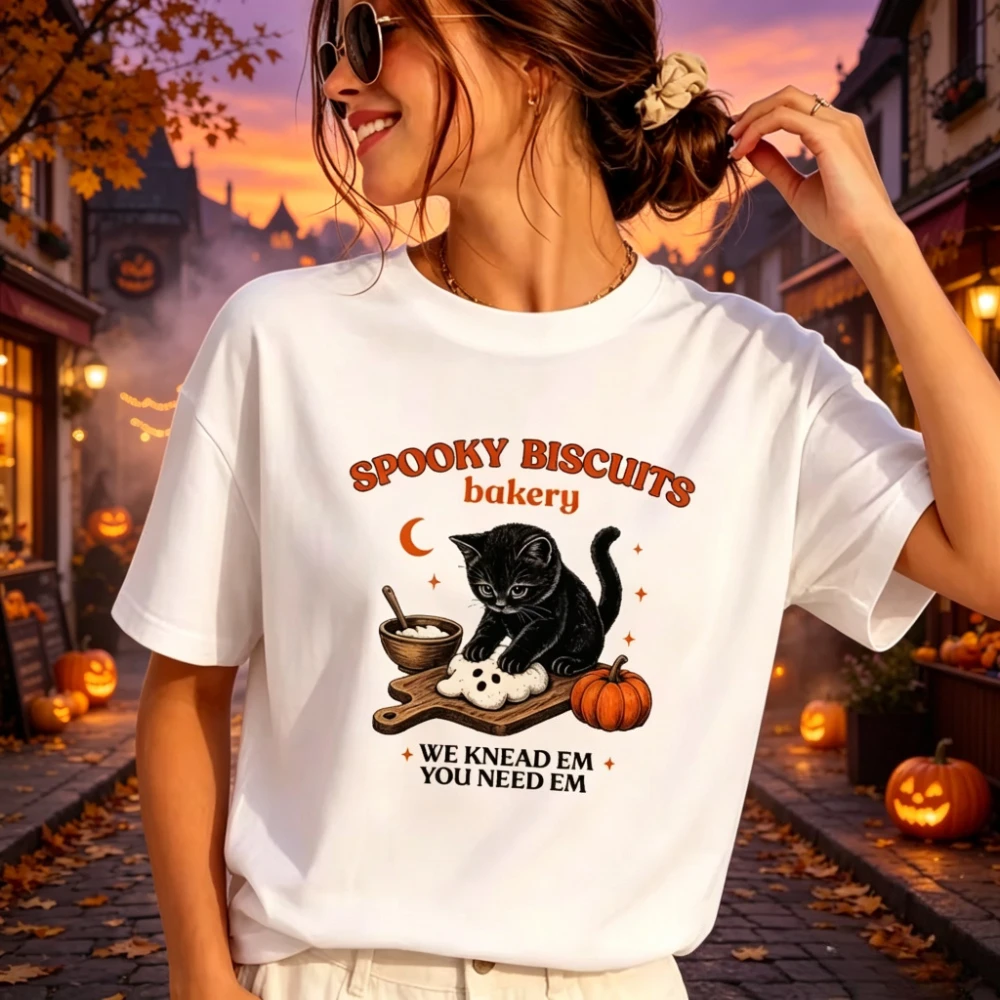 Spooky Biscuits Kneading Bakery Food Graphic T-Shirt Cute Cat Women Graphic Tops Halloween Cat Cooking Tee Female Clothing