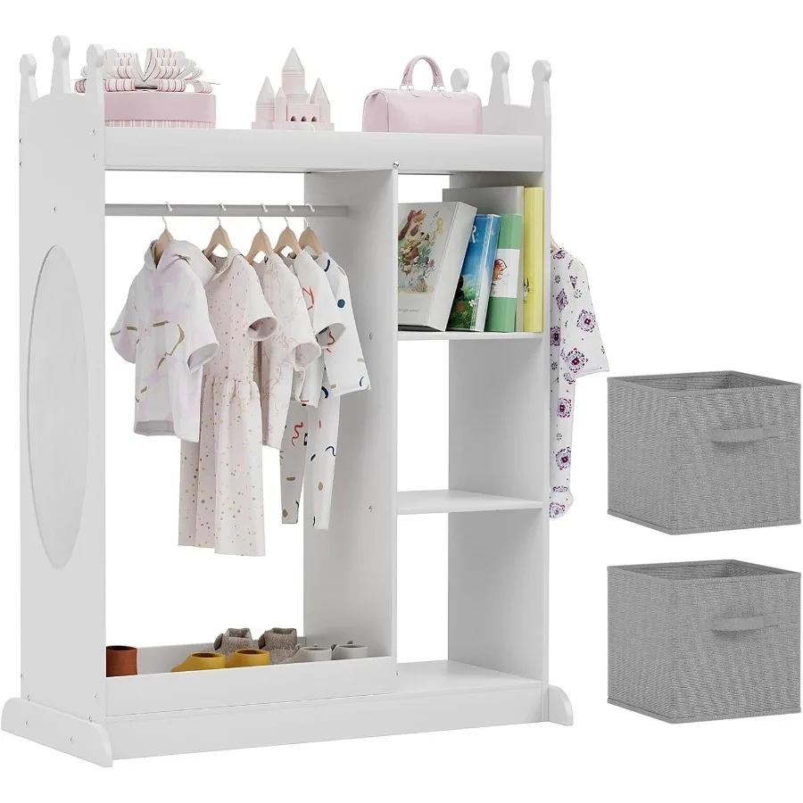 

Dress up Storage with Mirror Kid Armoire Wardrobe with 3 Hooks and Fabric Storage Bins Opening Hanging Baby Closet for Nursery