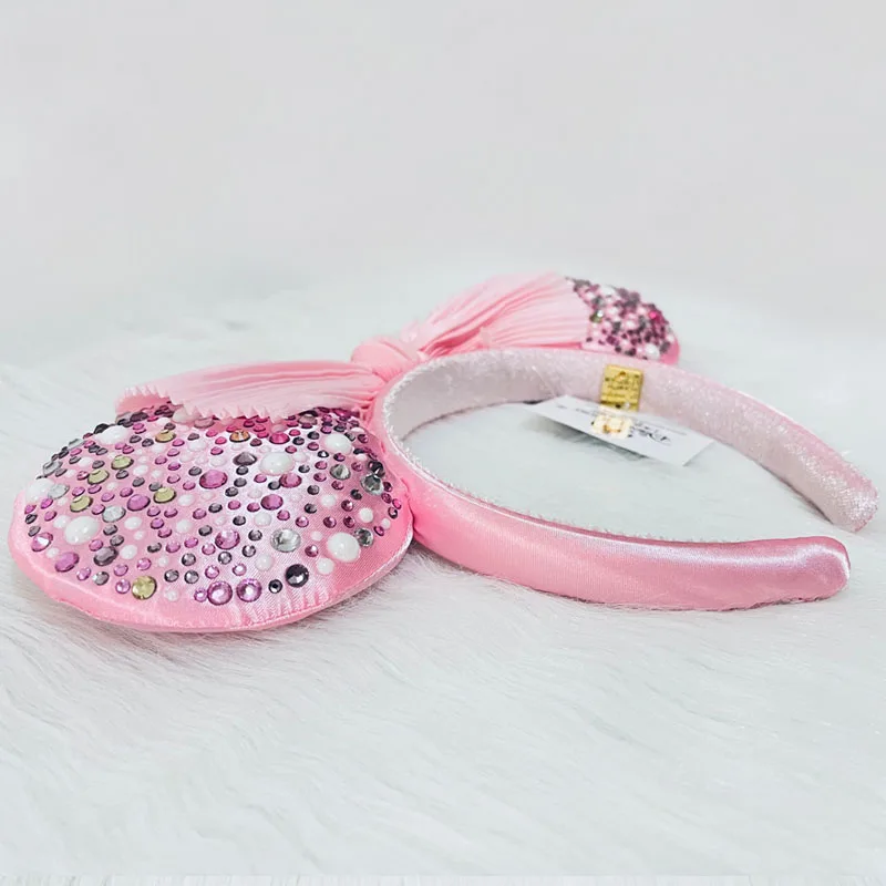 Disney Pink Headband Unique Diamond Pearls Mickey Ear For Adults Pleated Bow Headband Minnie Park Accessories Headwear