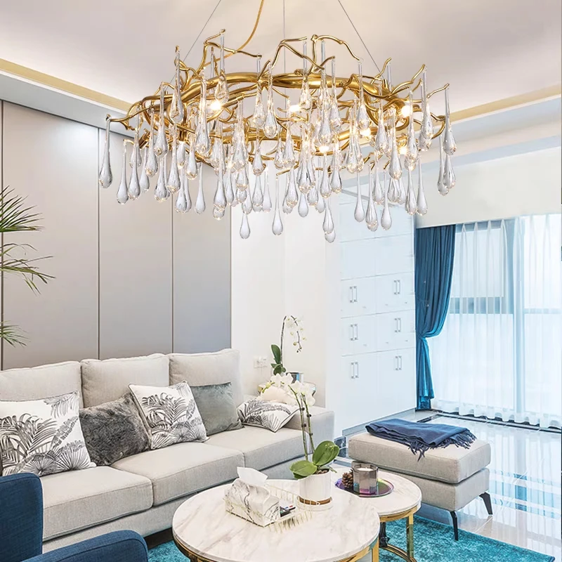 Round Gold Crystal Chandelier Modern Luxury Crystal Branch Ceiling Chandeliers For Dining Living Room Bedroom Kitchen Table