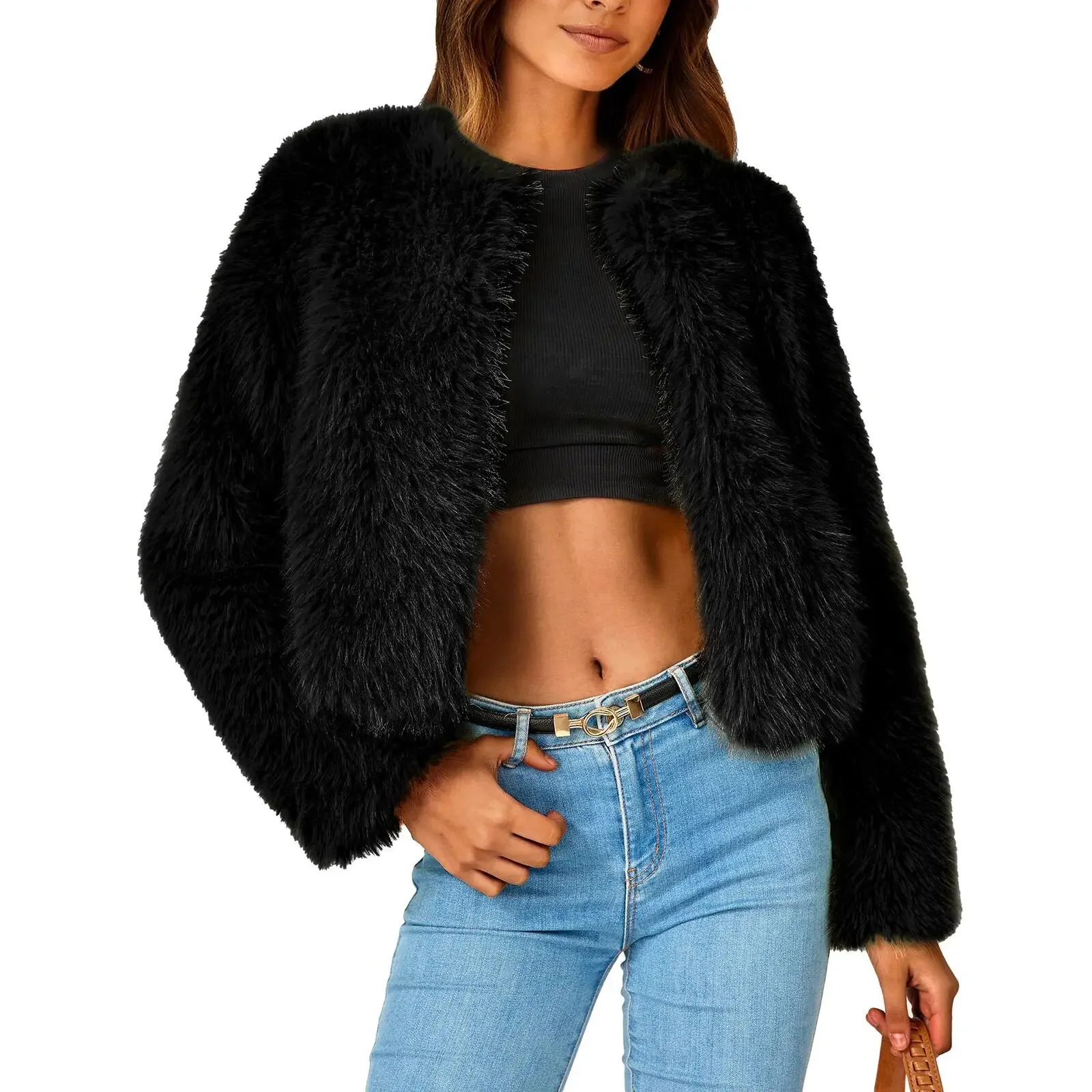 Women's 2024 Winter Faux Fur Coats Fleece Cropped Jacket Faux Fur Long Sleeve Pockets Shaggy Warm Outerwear Fall Jacket Teddy