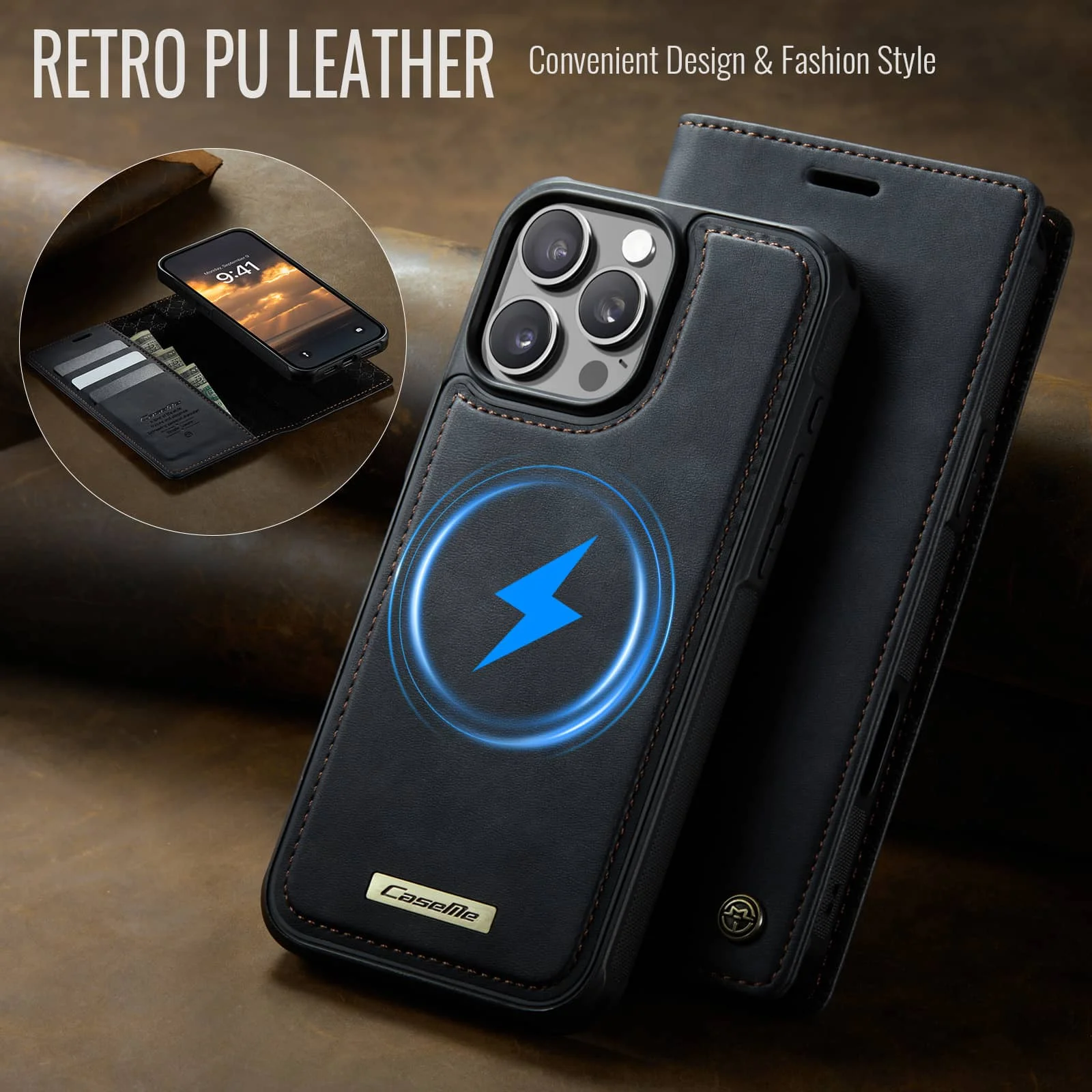 For iPhone 16e 16 15 14 13 12 11 Pro Max Detachable Wallet Case Compatible with Magsafe, 2-in-1 PU Leather Flip RFID Blocking
