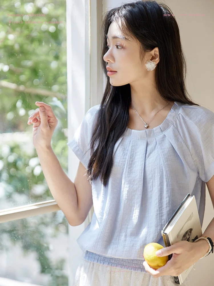 

Женский летний винтажный топ Moriirose синего цвета, плиссированный, из нейлонового волокна (80%), круглый вырез, несвязанный, из нейлонового волокна