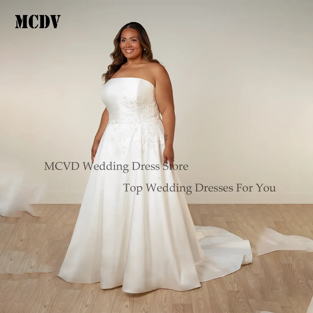 

Vintage Oversize Wedding Dresses 2026 Satin A-Line Applique Ivory Bride Gowns With Pocket Strapless vestido de novias Customized
