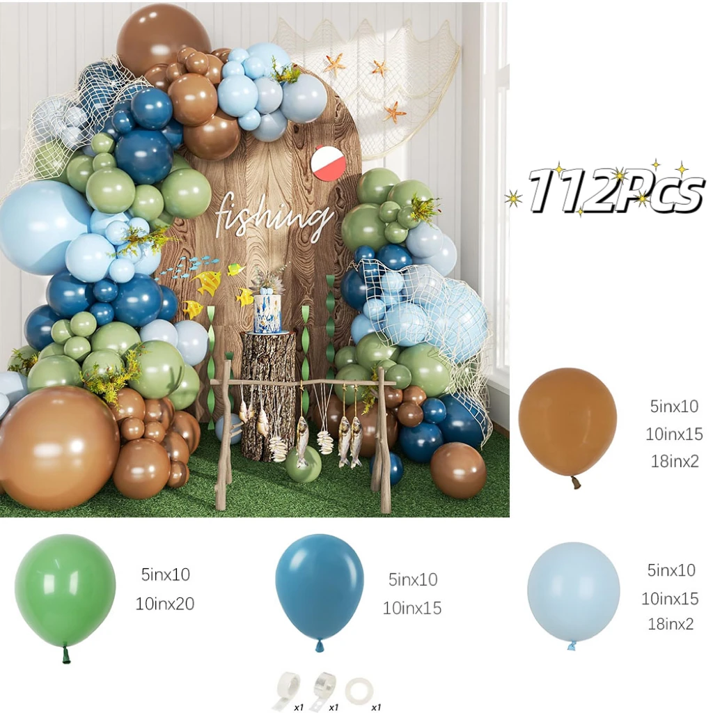 112Pcs Blue Sage Green Brown Balloons Arch Garland Kit for Fishing Theme Birthday Bridal Baby Shower Wedding Party Decorations